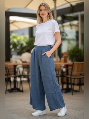 NWT Rhea Camry Wide-Leg Pull-On Cotton Pants S/M Cornflower